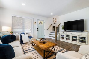 Smart TV, fireplace, video games, DVD player