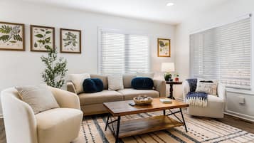 Smart TV, fireplace, video games, DVD player