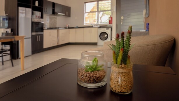 A modern kitchen with a dining area, a washing machine, and two glass jars with plants on a table. - Apartments 125 (Gaborone)