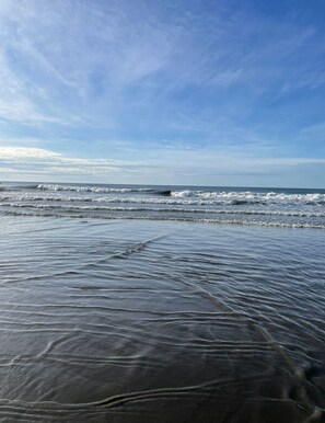 On the beach, sun-loungers, beach towels
