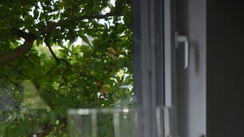 A window sill with several clear glass vases and candles.