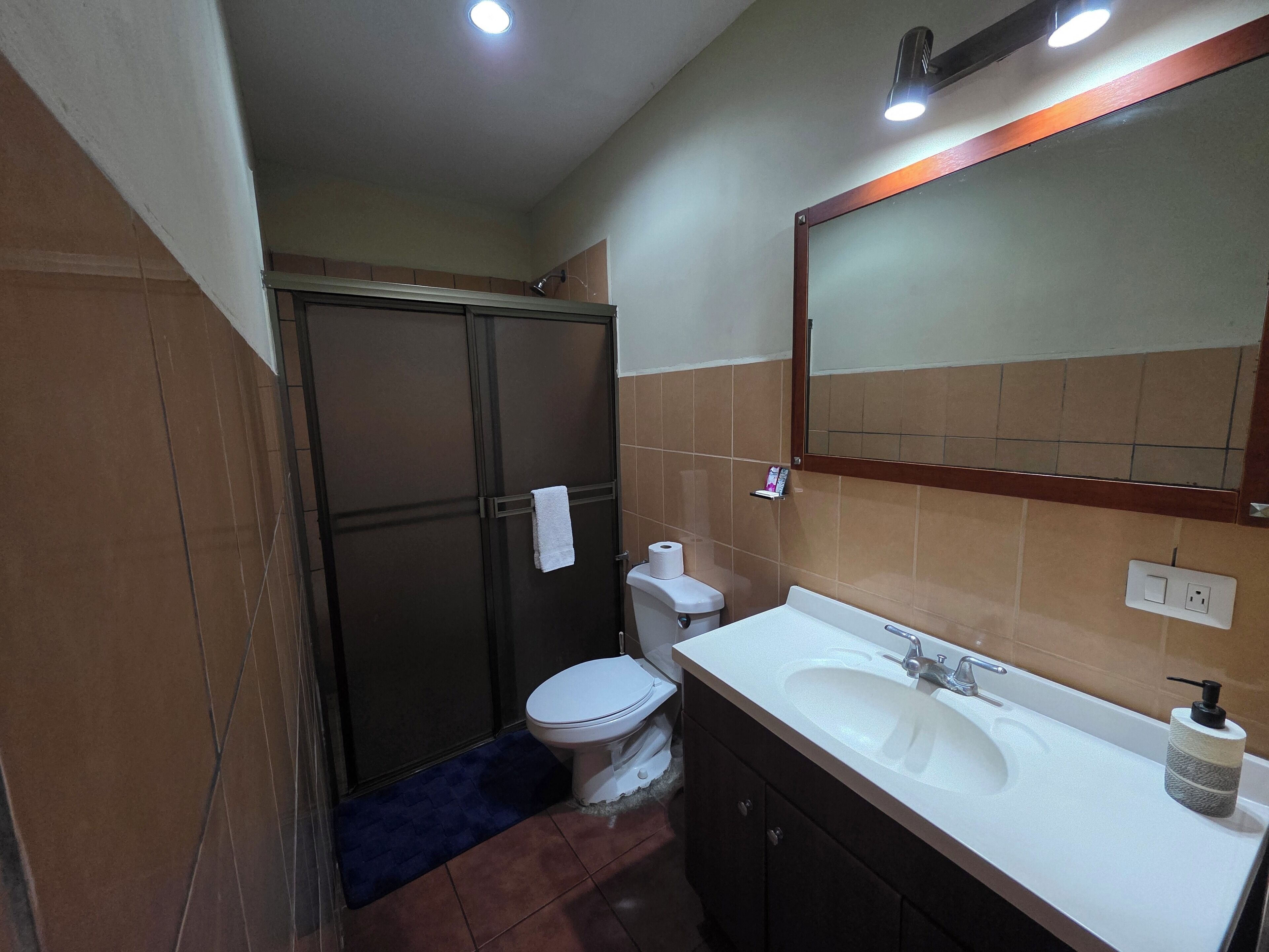 Un baño con inodoro, lavamanos, espejo y ducha.