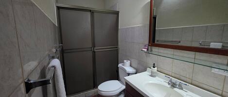 A bathroom with a shower, toilet, and sink.