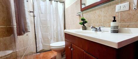 A bathroom with a shower curtain, a toilet, a sink with a soap dispenser, and a mirror above the sink.
