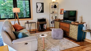 Smart TV, books, music library, stereo