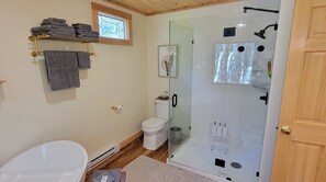 Hair dryer, towels, soap, shampoo