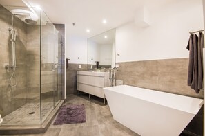 Shower, jetted tub, hair dryer, towels