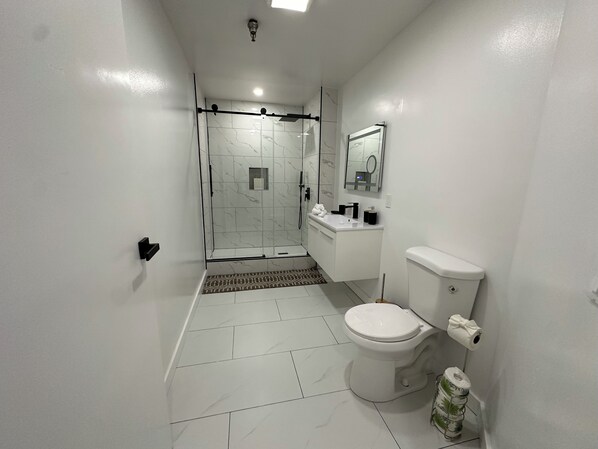 A modern bathroom with a glass shower enclosure, a white toilet, and a sink with a mirror above it.