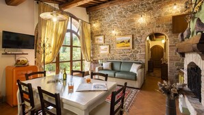 Un interior rústico con pared de piedra, chimenea, comedor con mesa y sillas, y un sofá.