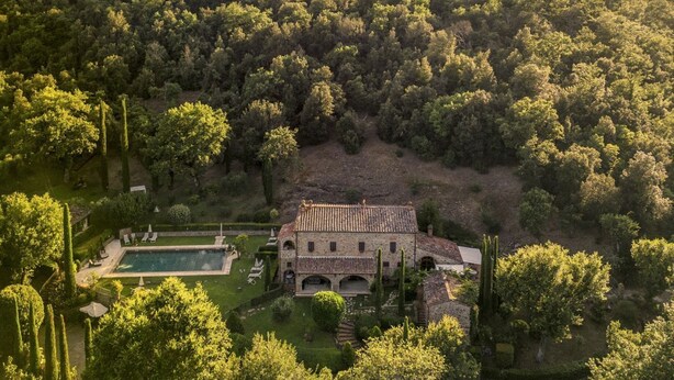 Vista aérea de una villa con piscina, rodeada de un denso bosque.