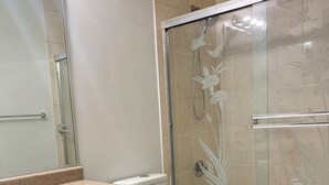 Une salle de bain avec une douche à parois de verre, des toilettes, un lavabo et un miroir.