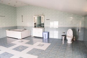 A bathroom with a bathtub, a toilet, a sink, and a mirror.