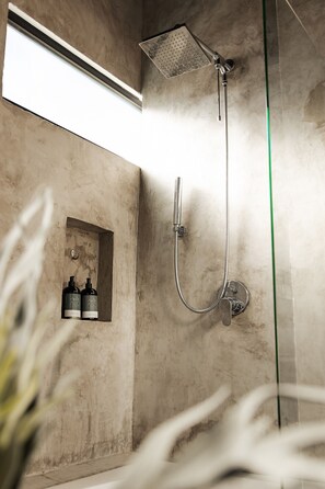 Hair dryer, towels, soap, shampoo