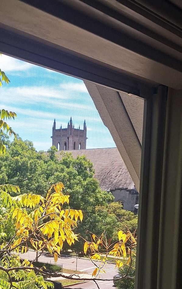 A view of a historic building with a prominent tower, seen through a window with a view of trees and a building in the foreground.