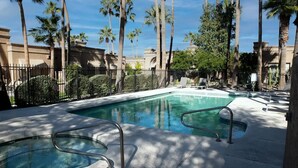 Una piscina amb dues escales metàl·liques, envoltada de palmeres i una tanca.