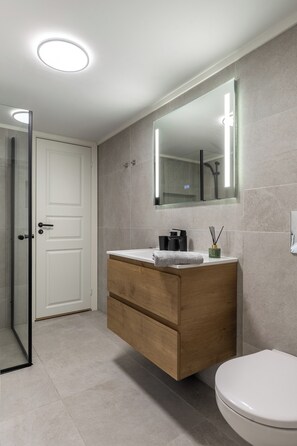 Een douche, een haardroger, handdoeken, toiletpapier
