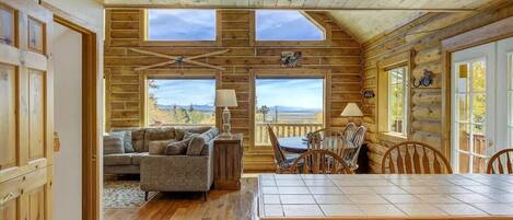 Tv, eldstad, böcker och kontor