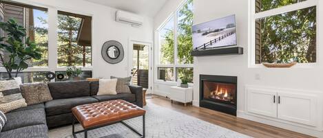 Smart-TV, Kamin, Videospiele, Bücher