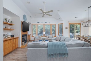 Televisio, takka, kirjoja, videokirjasto