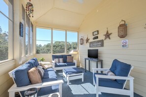 TV, fireplace, books, video library