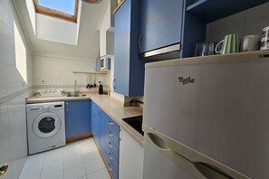 Fridge, microwave, dining tables