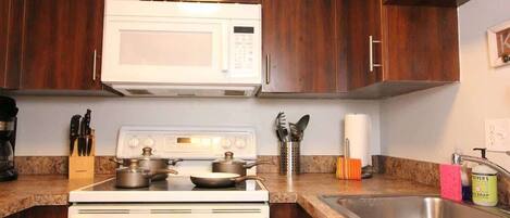 Frigorífico, microondas, horno y placa de cocina