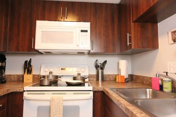 Fridge, microwave, oven, stovetop