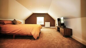 A bedroom with a bed, a TV, and a radiator. - 1 Bed Cottage - Plus Sofa Bed - Sleeps 4 - Pets (Berwick-upon-Tweed)