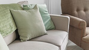 Un canapé beige avec deux coussins verts et un plaid vert.