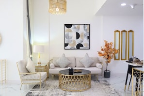 Relax in style! Our spacious living area offers the ultimate comfort for your stay.