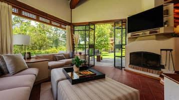 Télévision, cheminée, espaces bureaux