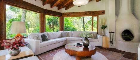 Televisie, een open haard en een kantoor