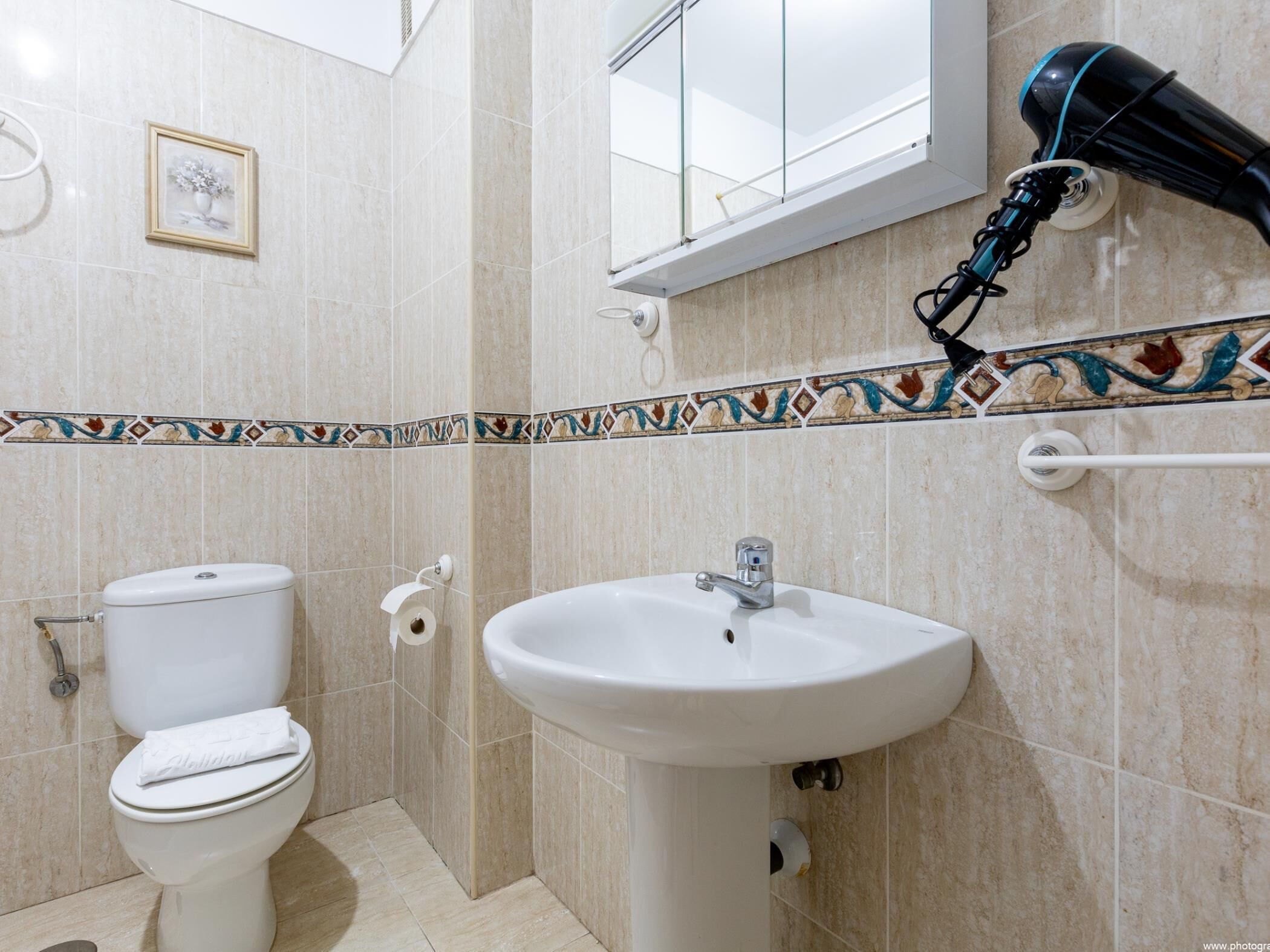 A bathroom with a toilet, sink, and hairdryer mounted on the wall.