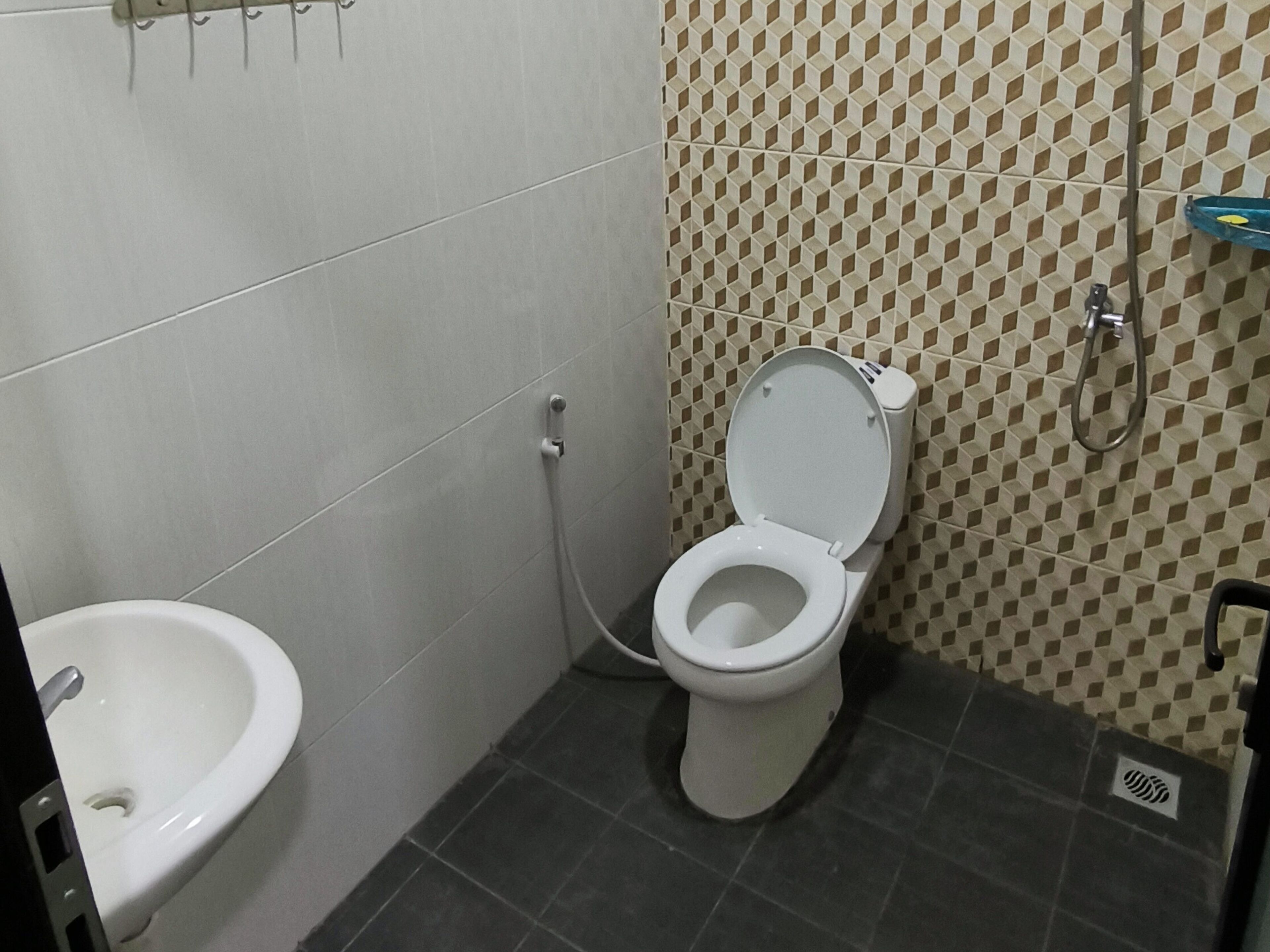 Un baño pequeño con inodoro, bidé y lavamanos.