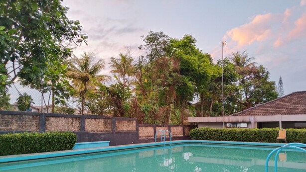 A swimming pool with a wooden deck, surrounded by lush greenery and a stone wall. - Villa Estria (Cisarua)