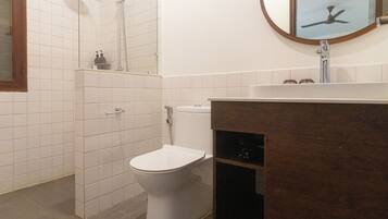 Une salle de bain équipée de toilettes, d’une douche et d’un lavabo avec un miroir au-dessus.