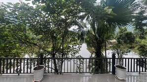 Un balcon agrémenté de plantes en pot et offrant une vue sur une rivière.