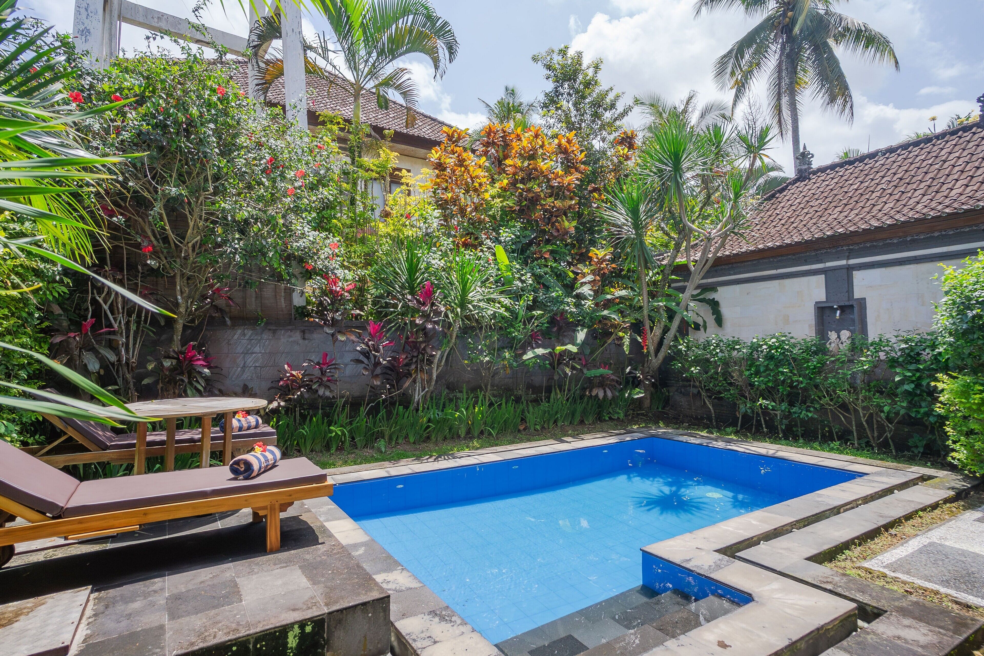 Piscina com deck de madeira e espreguiçadeiras, cercada por plantas tropicais exuberantes e um edifício branco com telhado telhado.
