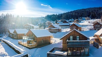 Een met sneeuw bedekte lodge met houten chalets, grote ramen en een helder uitzicht op het omliggende bos.