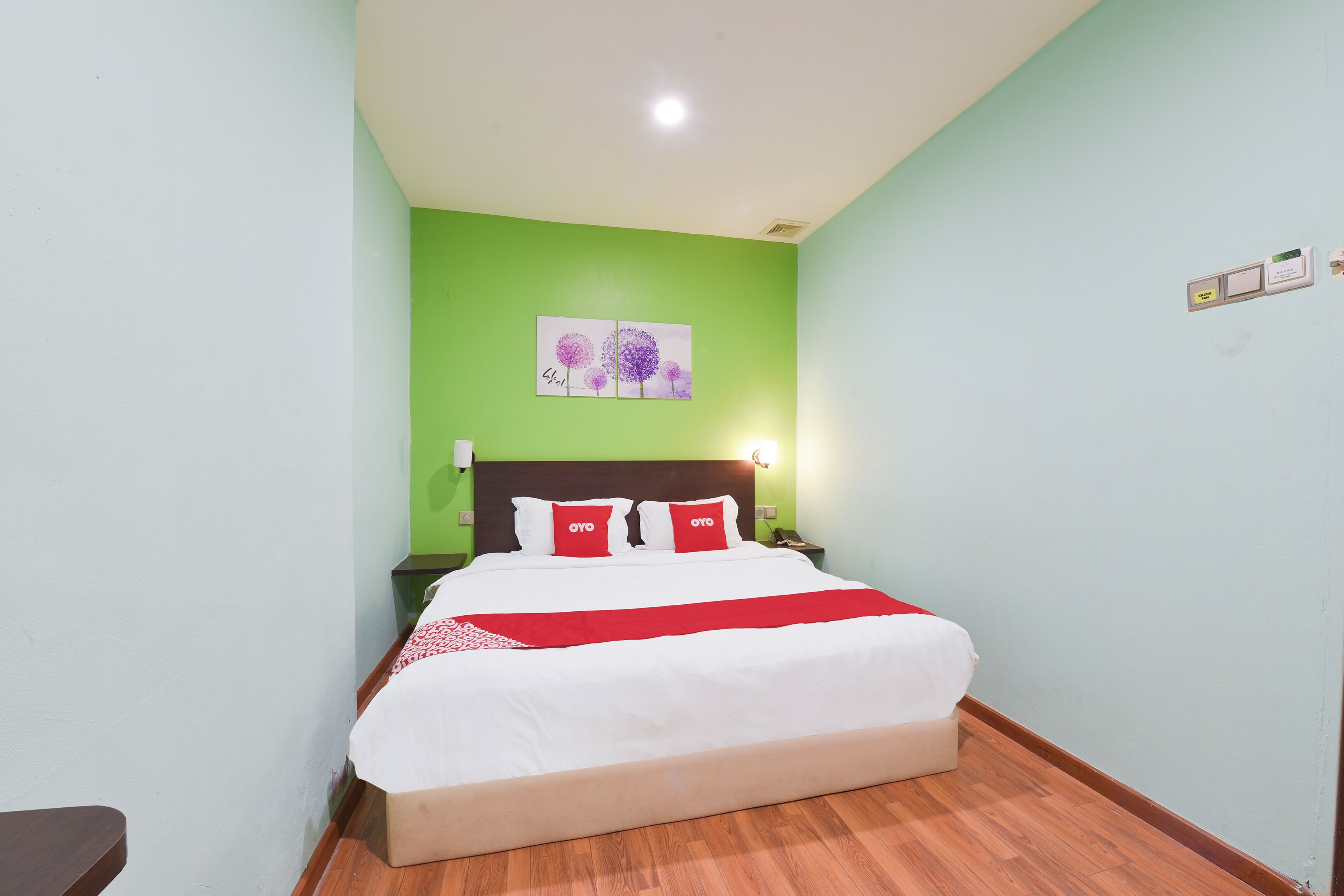 A neatly made bed with white and red bedding, a wooden floor, and a green wall with a framed artwork above it.