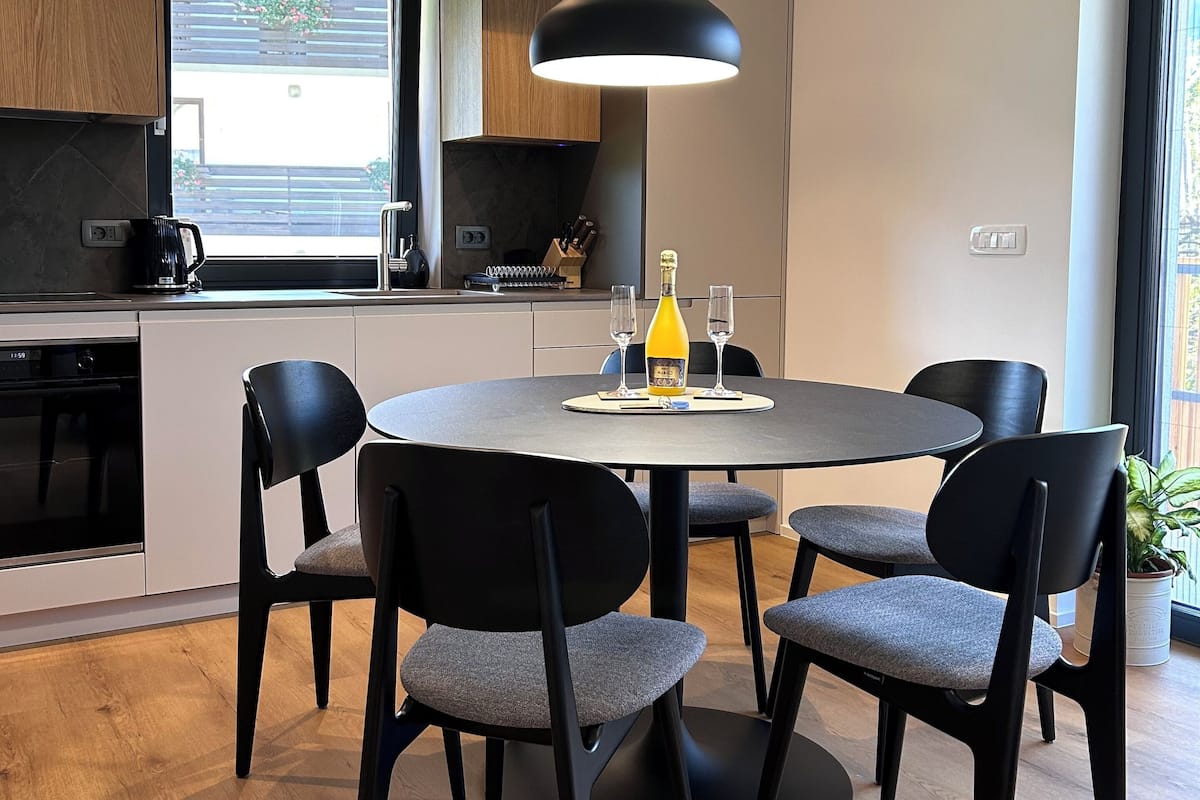 Familie appartement, 2 slaapkamers, balkon, uitzicht op bergen | Privékeuken | Een koelkast/vriezer, een oven, een kookplaat, een vaatwasser