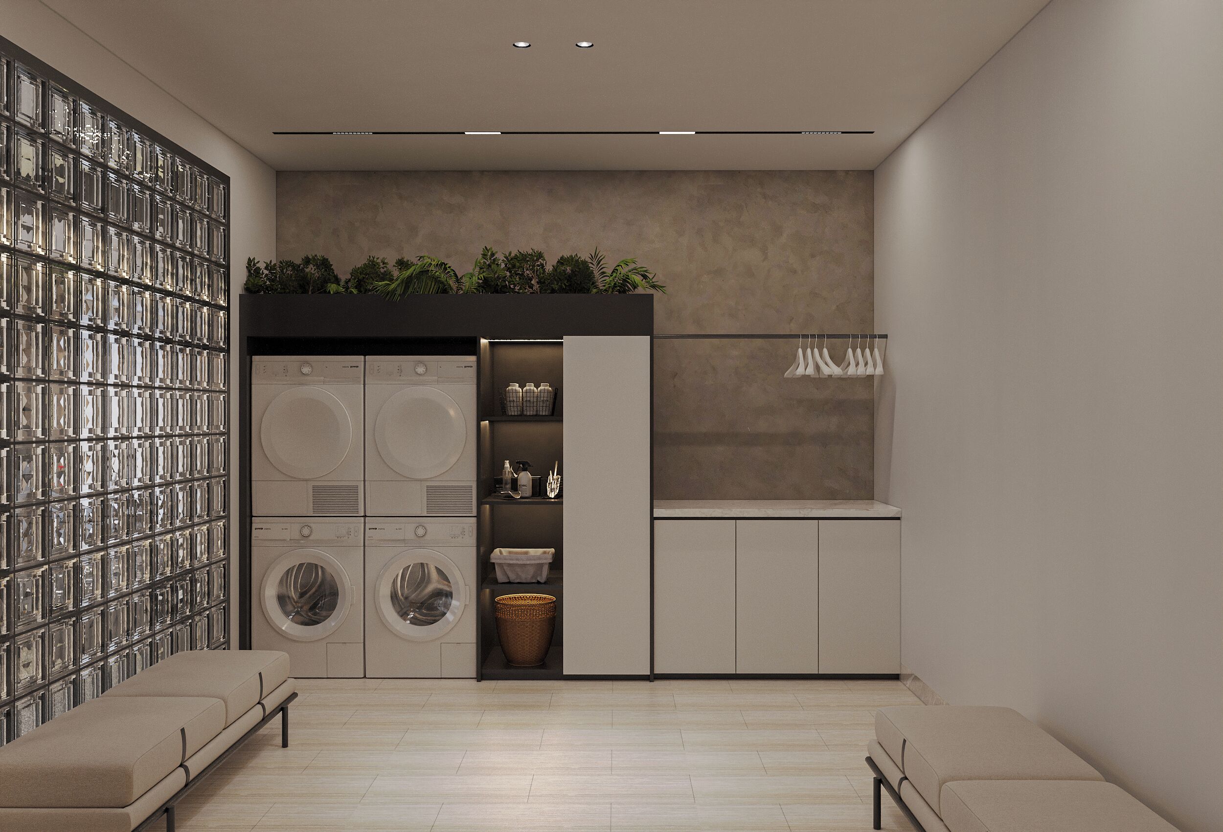 A modern laundry room with a built-in washer and dryer, a shelf with plants, and a hanging clothes rack.