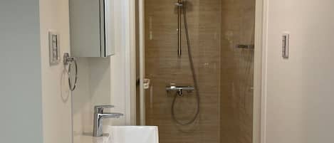 Douche, séchoir à cheveux, bidet, serviettes fournies
