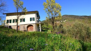 Ein zweistöckiges Haus mit steinernem Unterbau und einem Balkon, umgeben von üppiger Vegetation und Wildblumen.