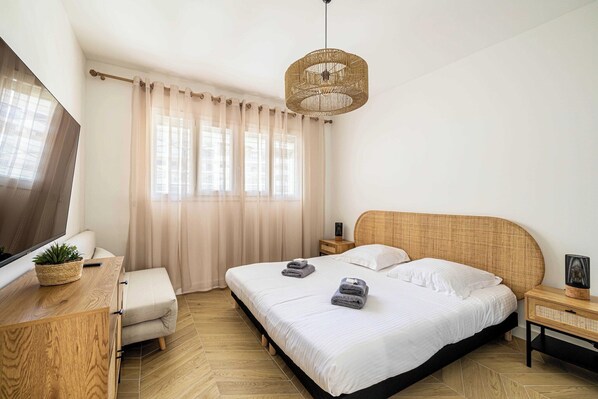 1 bedroom, desk, iron/ironing board, travel cot