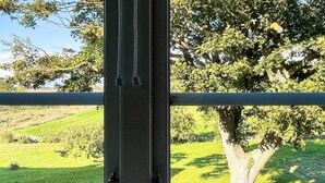Vista a través de una ventana con baranda metálica, pared de piedra y un árbol grande al fondo.