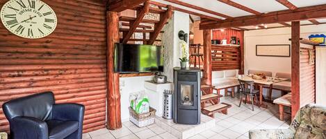 TV, fireplace, table football