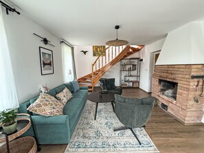 TV, fireplace, table football