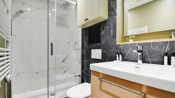 Shower, hair dryer, towels