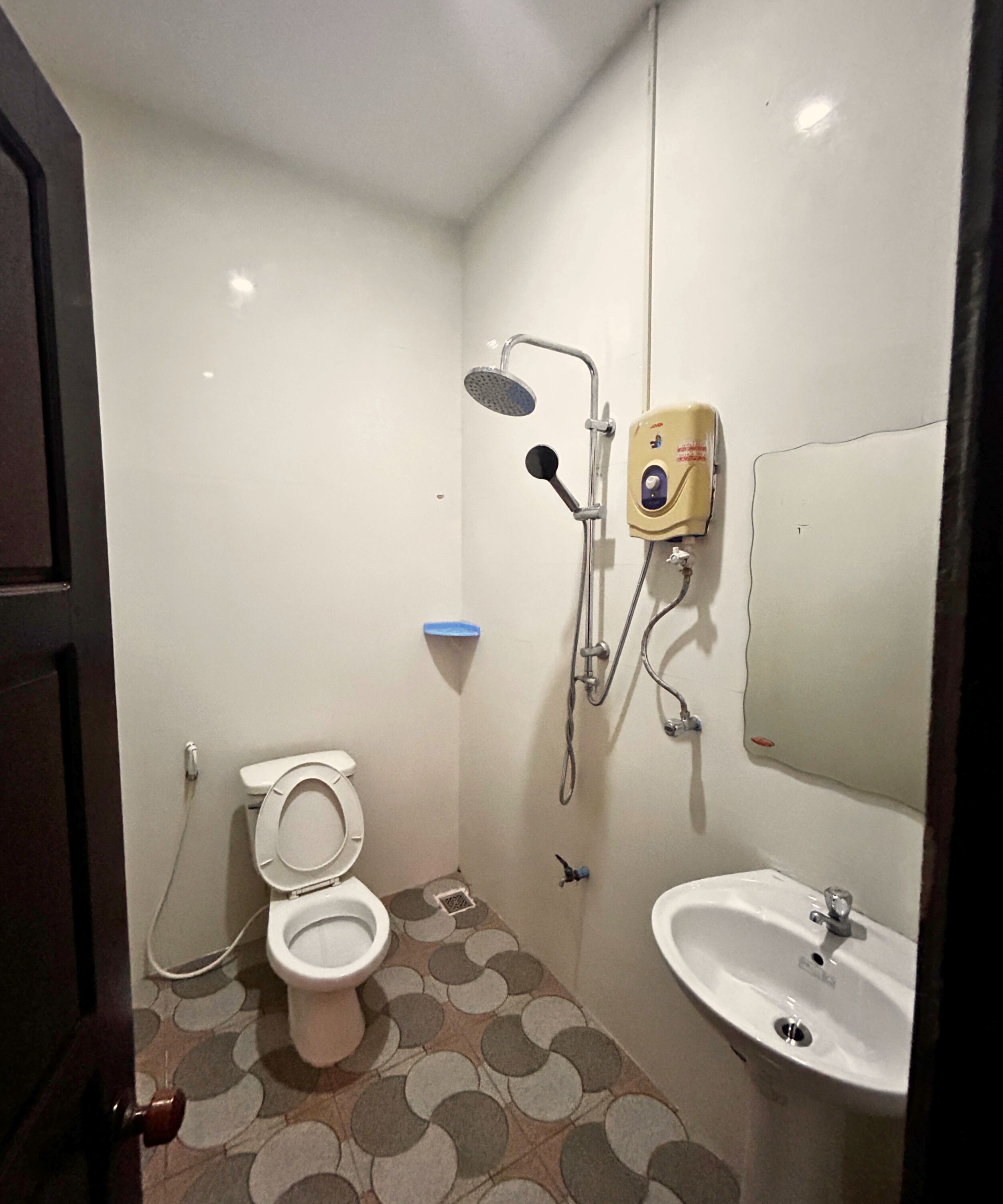 A small bathroom with a toilet, a sink, and a shower.